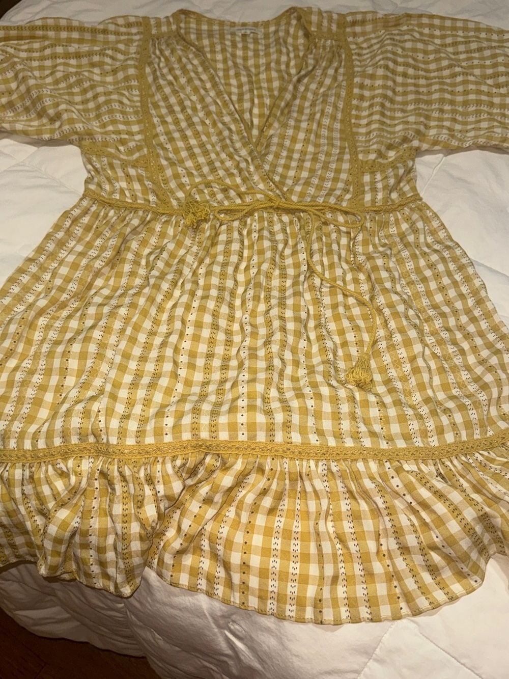Yellow Gingham Wrap Dress with Tassel Tie